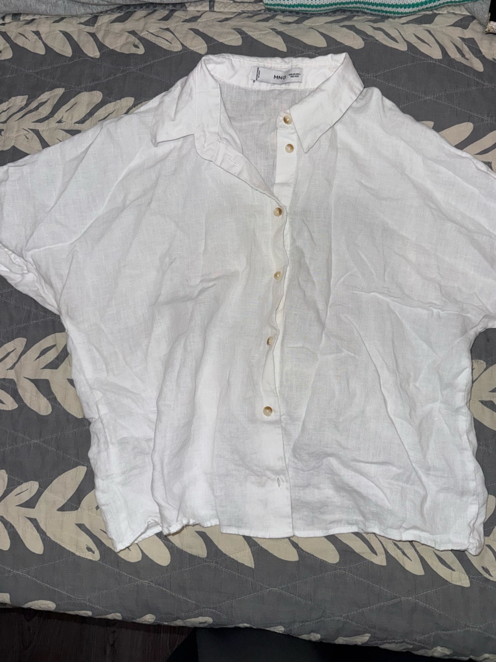 Mango White Button-Front Short Sleeve Linen Top